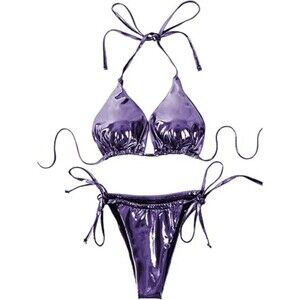Women's 3 Piece Shiny Metallic Swimsuit Sexy Triangle Bikini Tie L